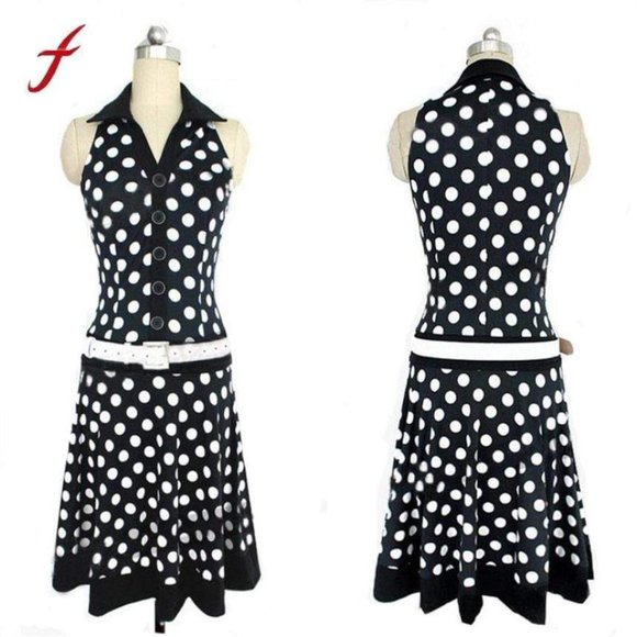 Feitong Women Polyester Polka Dot Sleeveless Button Summer Regular Dress Size Sm - Picture 2 of 2